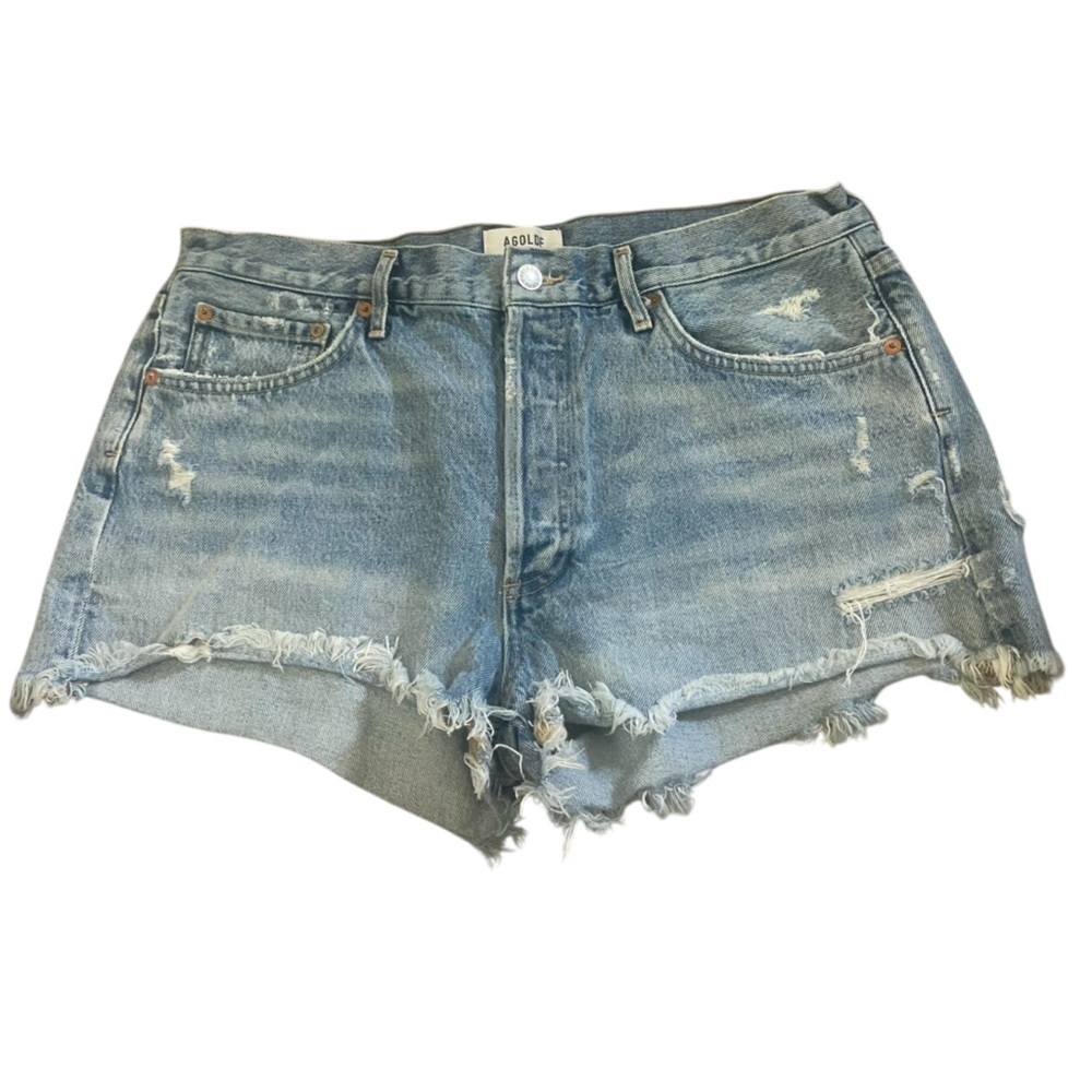 Agolde Light Blue Distressed Denim Jean Shorts